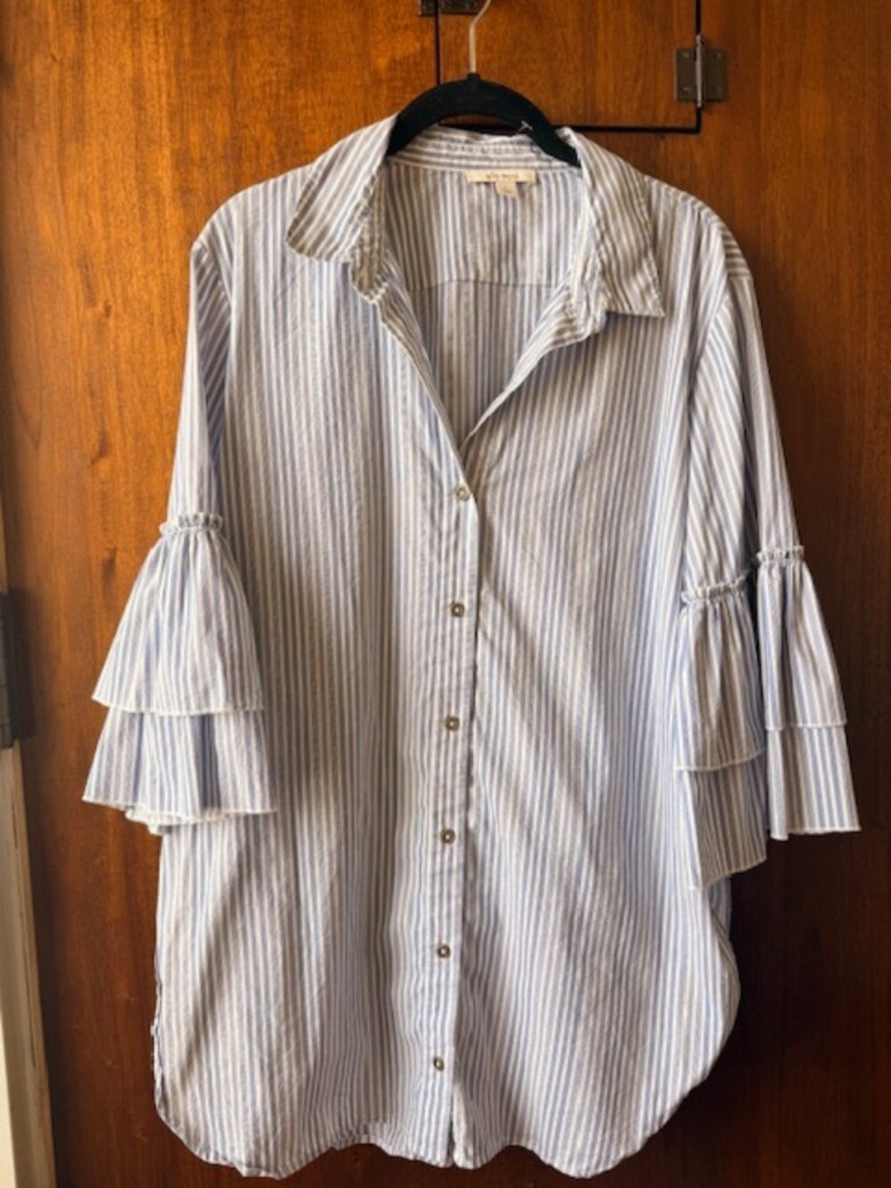 Thin-striped blue and white blouse with ruffle sleeves
